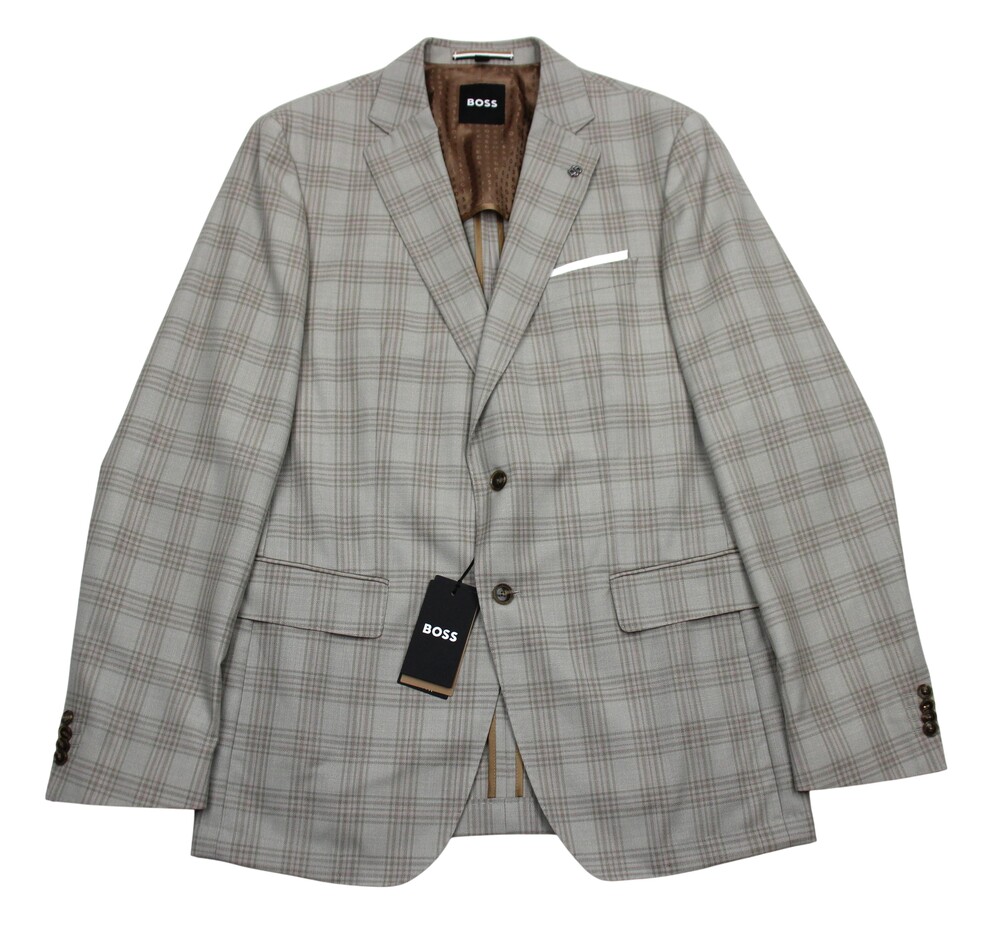 Hugo Boss H-Hutson-233 Blazer Mens 44 L Beige Plaid Wool Slim Fit Sport Coat